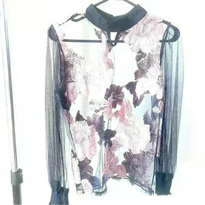 BLACK MESH LONG SLEEVE WITH PINK ROSES BLOUSE  ROUND RUFFLE NECK SIZE SMALL